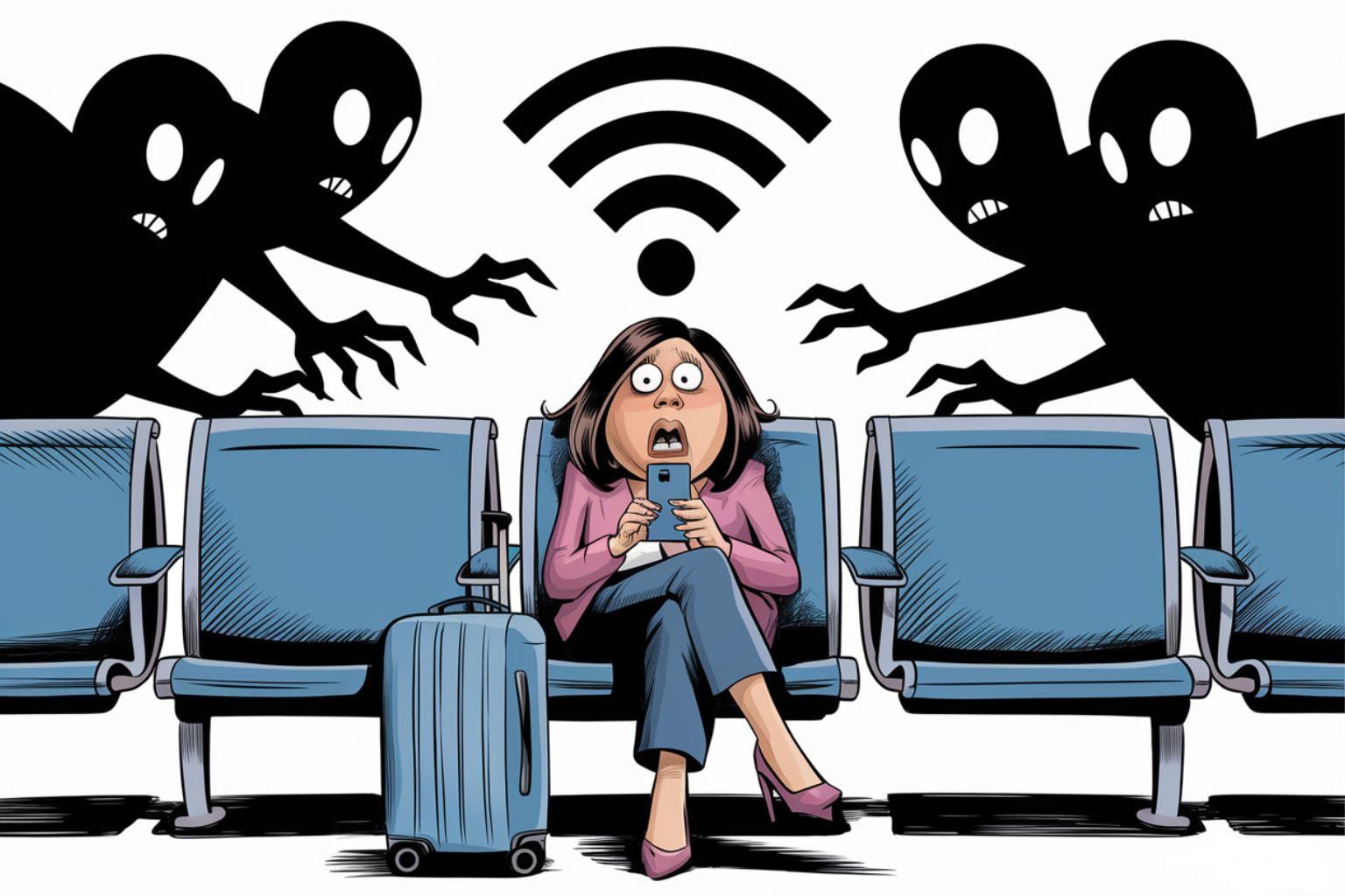Illustration of a person using a laptop with a large Wi-Fi symbol overhead.