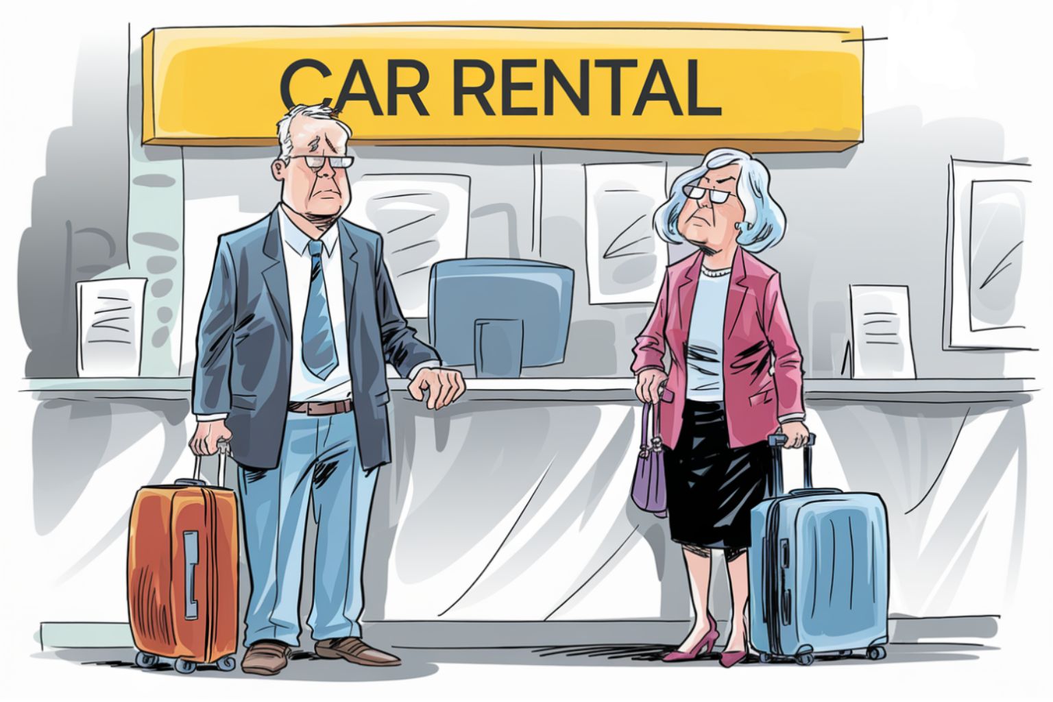 Illustration of a senior person looking at a car rental agreement with a confused expression