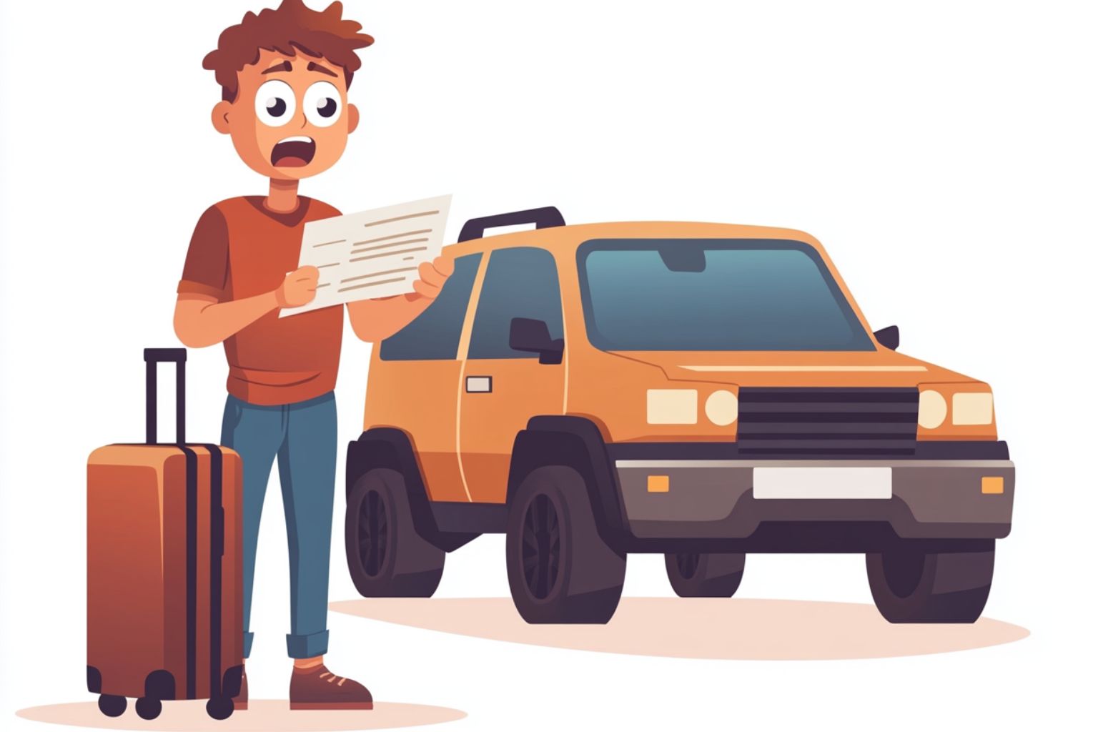 Illustration of a frustrated person looking at a car rental bill