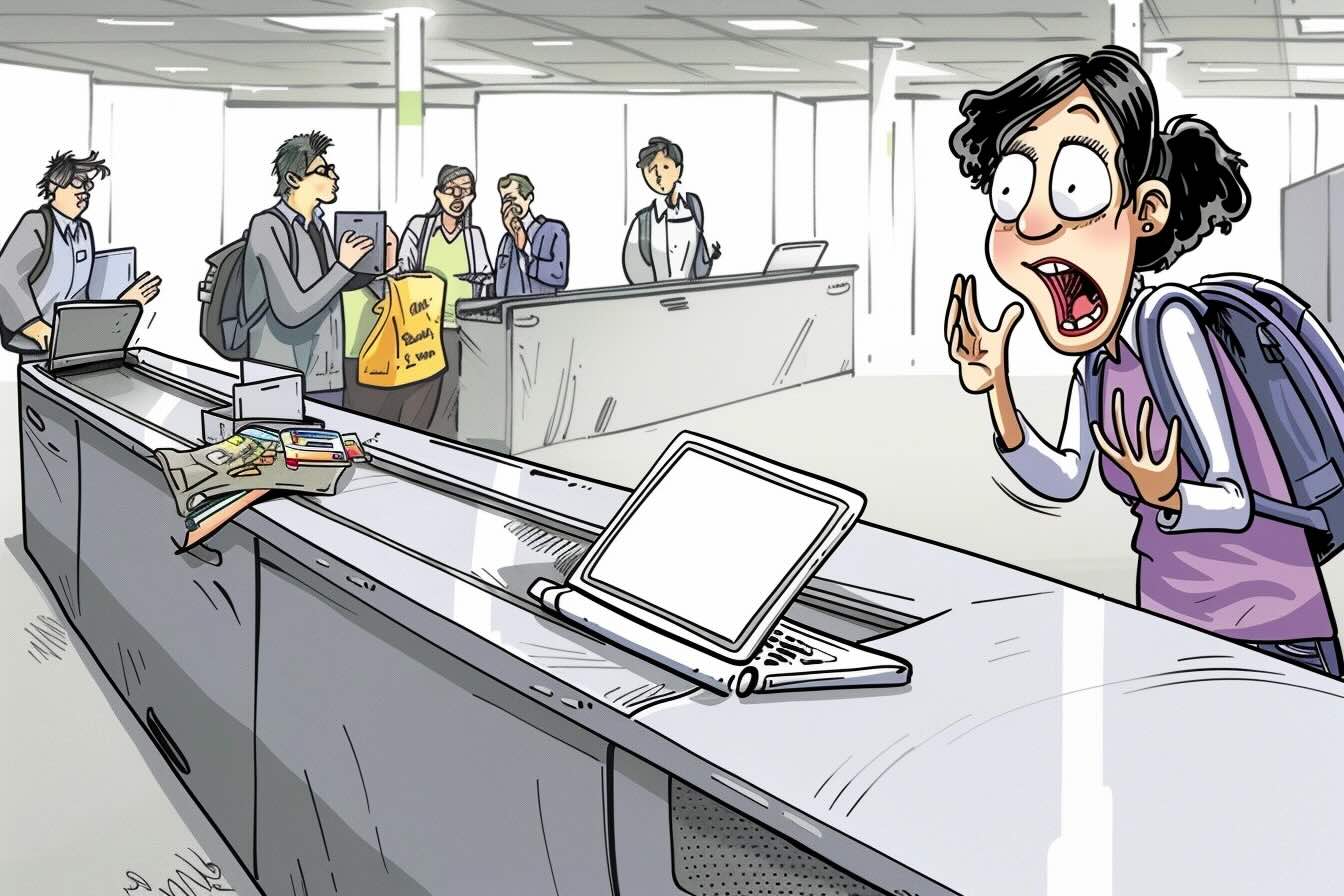 A laptop and personal items left behind in a security tray.