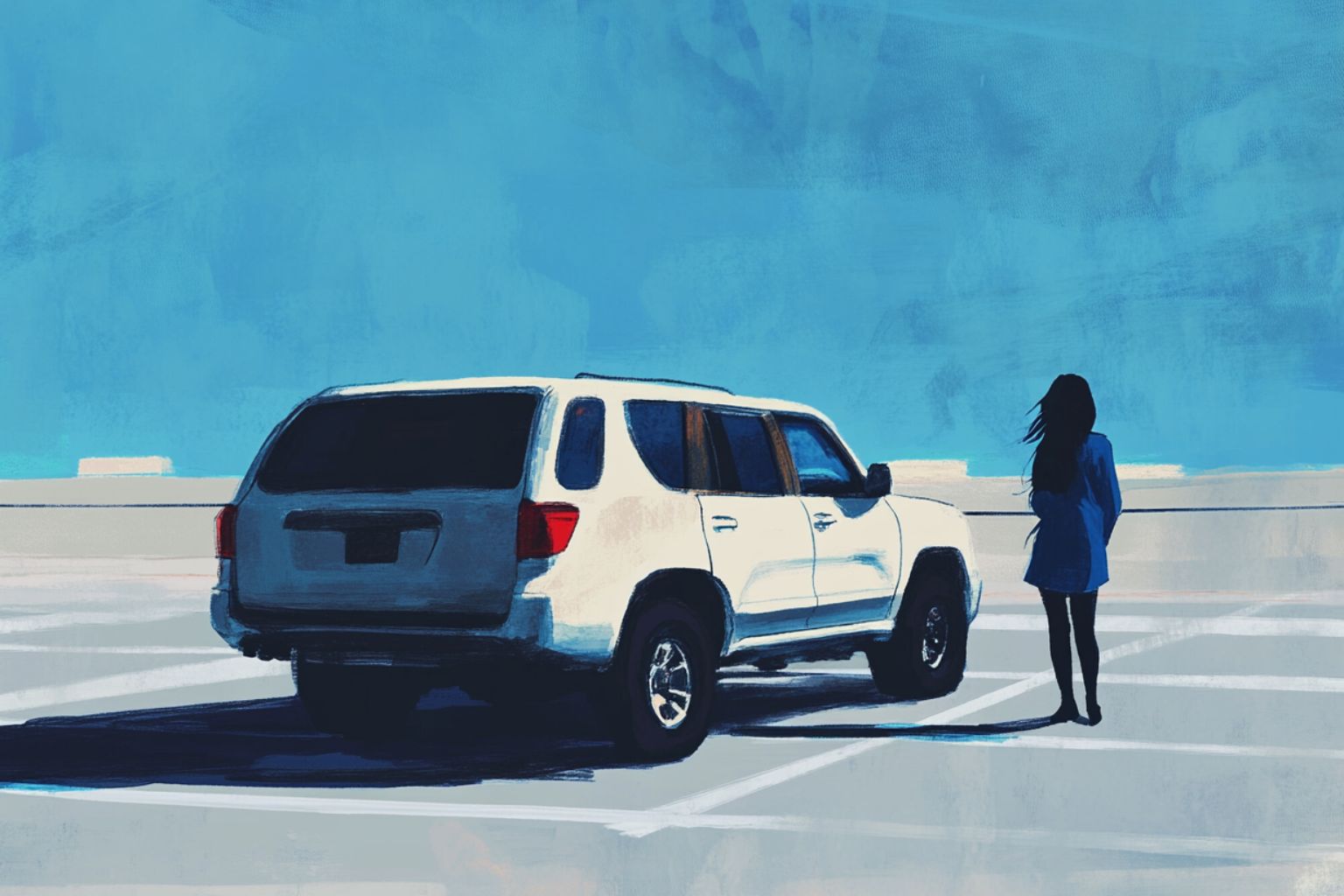 Illustration of a person standing next to a car in a parking garage.