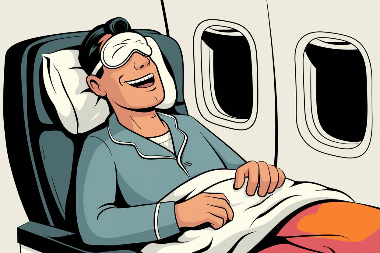 A passenger relaxing in a comfortable airline seat with a blanket.