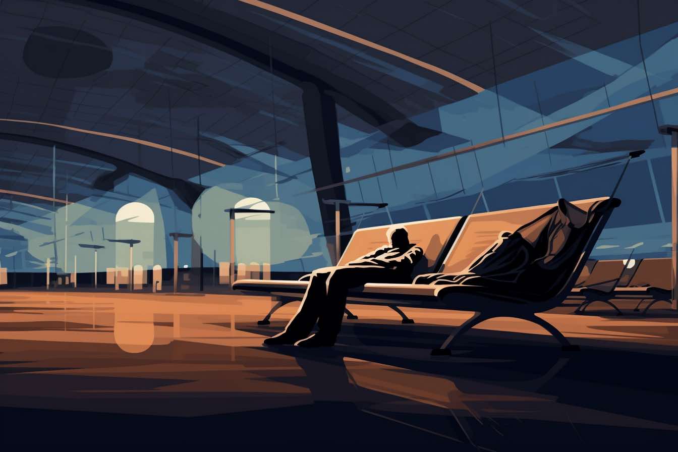 A person sleeping on chairs in an airport.