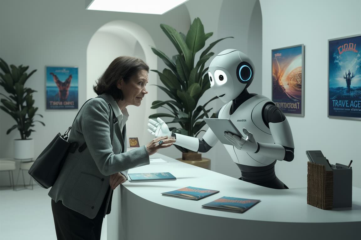 Illustration of a robot helping a traveler with luggage