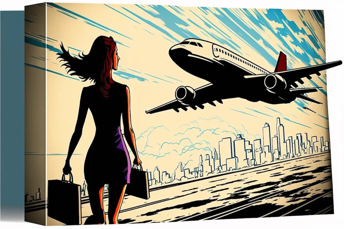 A woman in a dress with luggage chasing the shadow of an airplane.