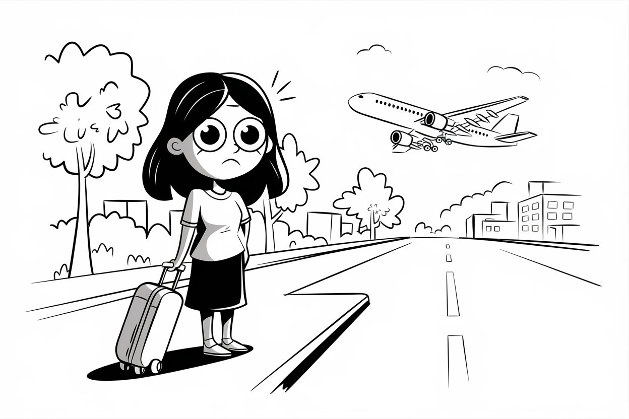 Illustration of a frustrated woman with luggage.