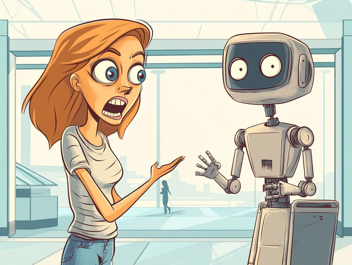 Illustration of a person yelling at a robot.