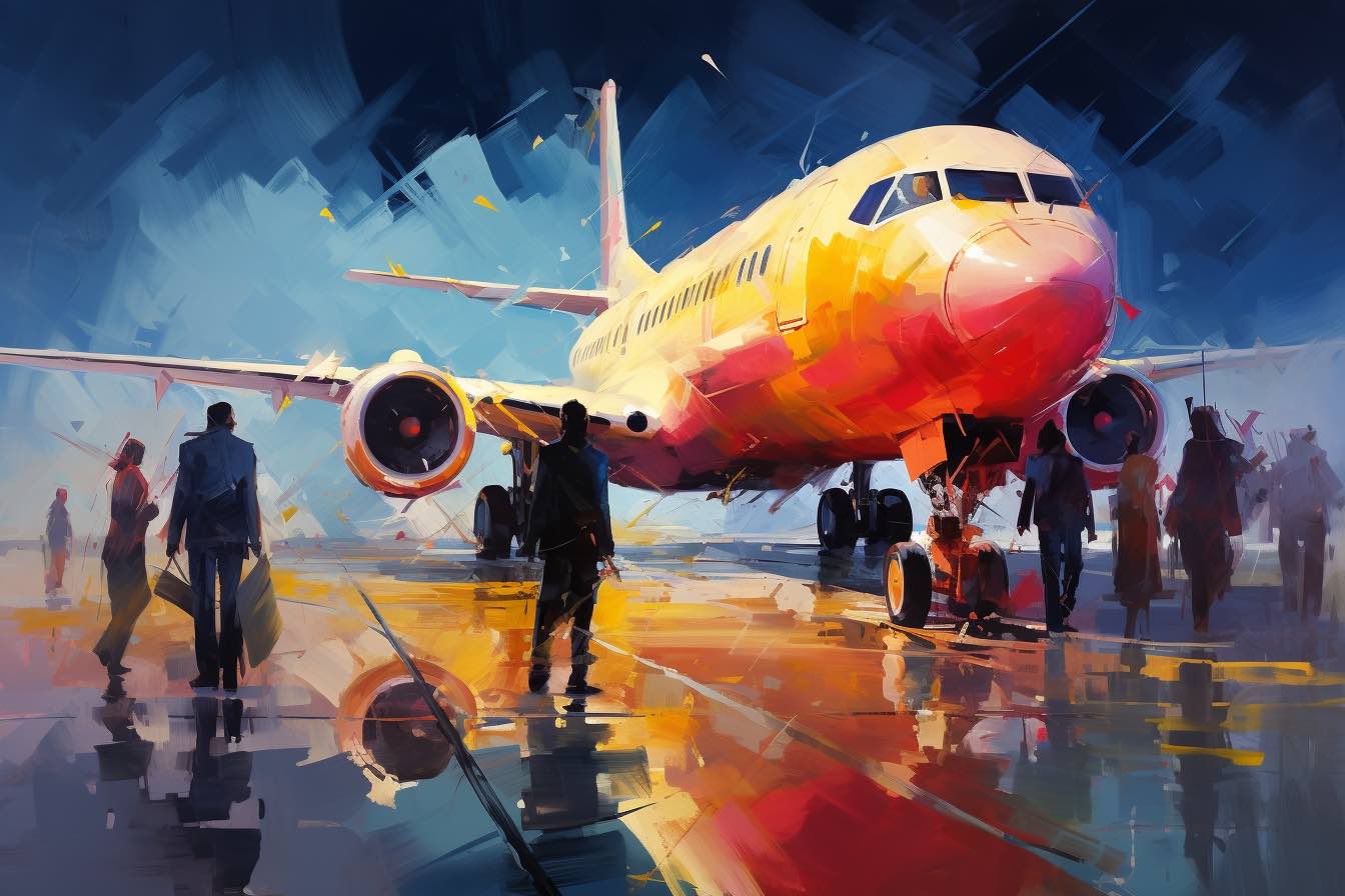A crowded airport gate with passengers waiting to board.