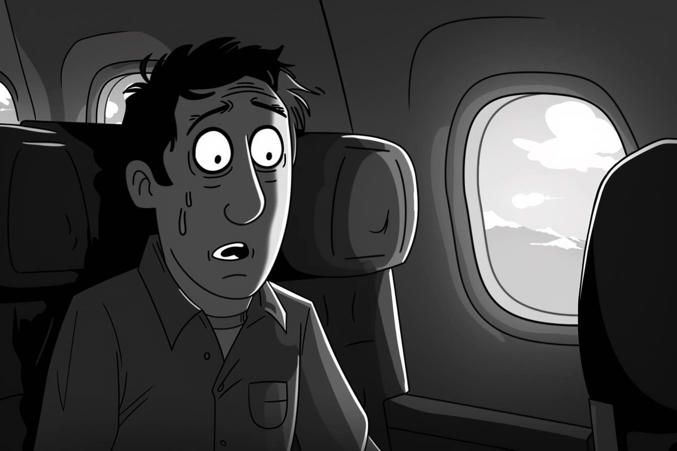 A passenger looking annoyed at a reclined airline seat in front of them