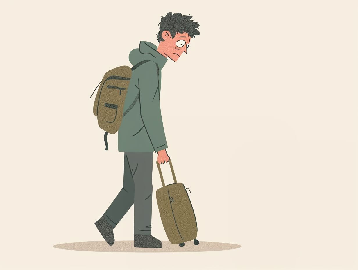 An unhappy traveler sitting on luggage.