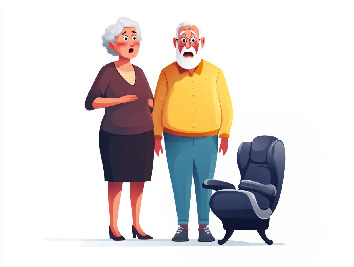 Illustration of a senior couple looking disappointed at airline tickets.