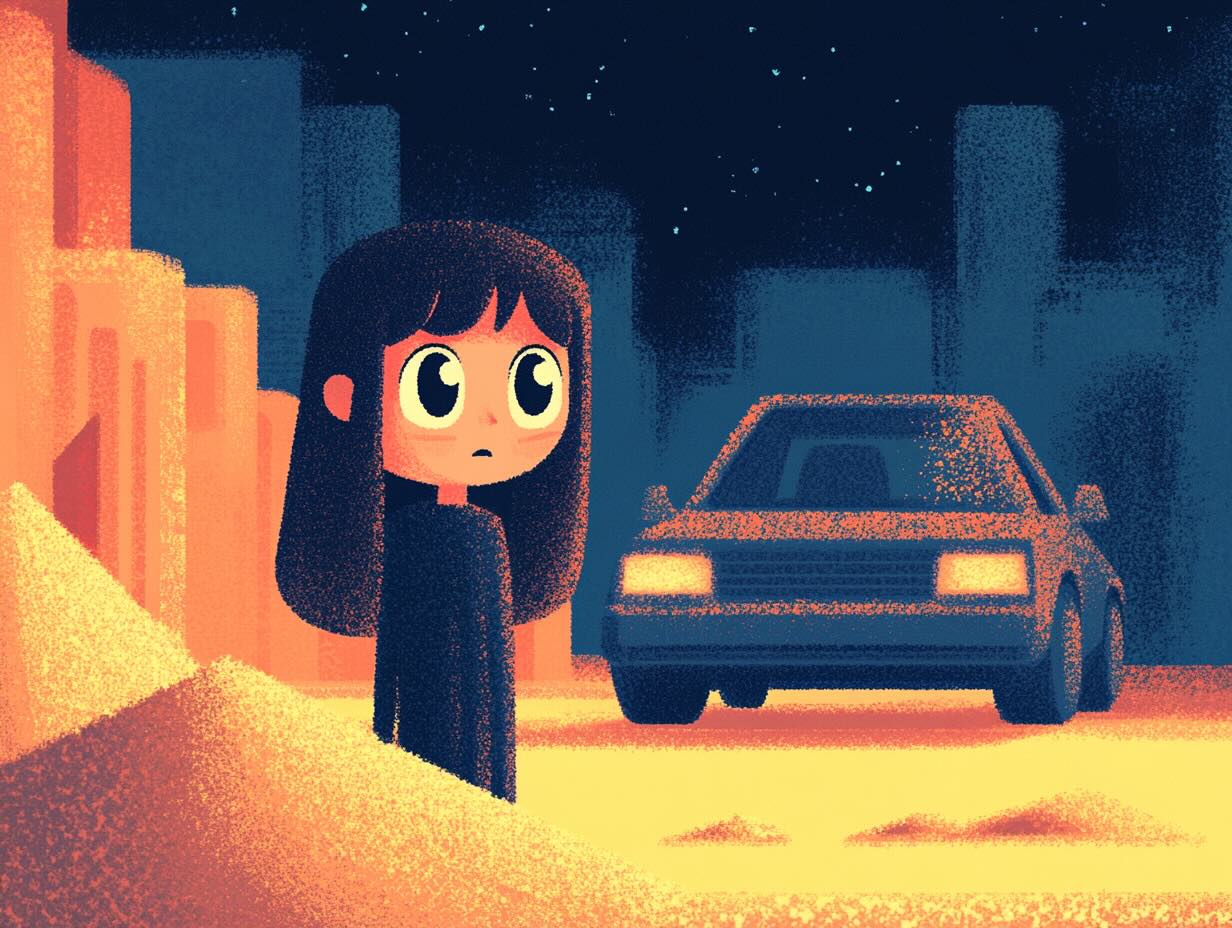 a digital illustration of a forlorn woman with big eyes standing in front of a car. There is a pile of sand next to her.